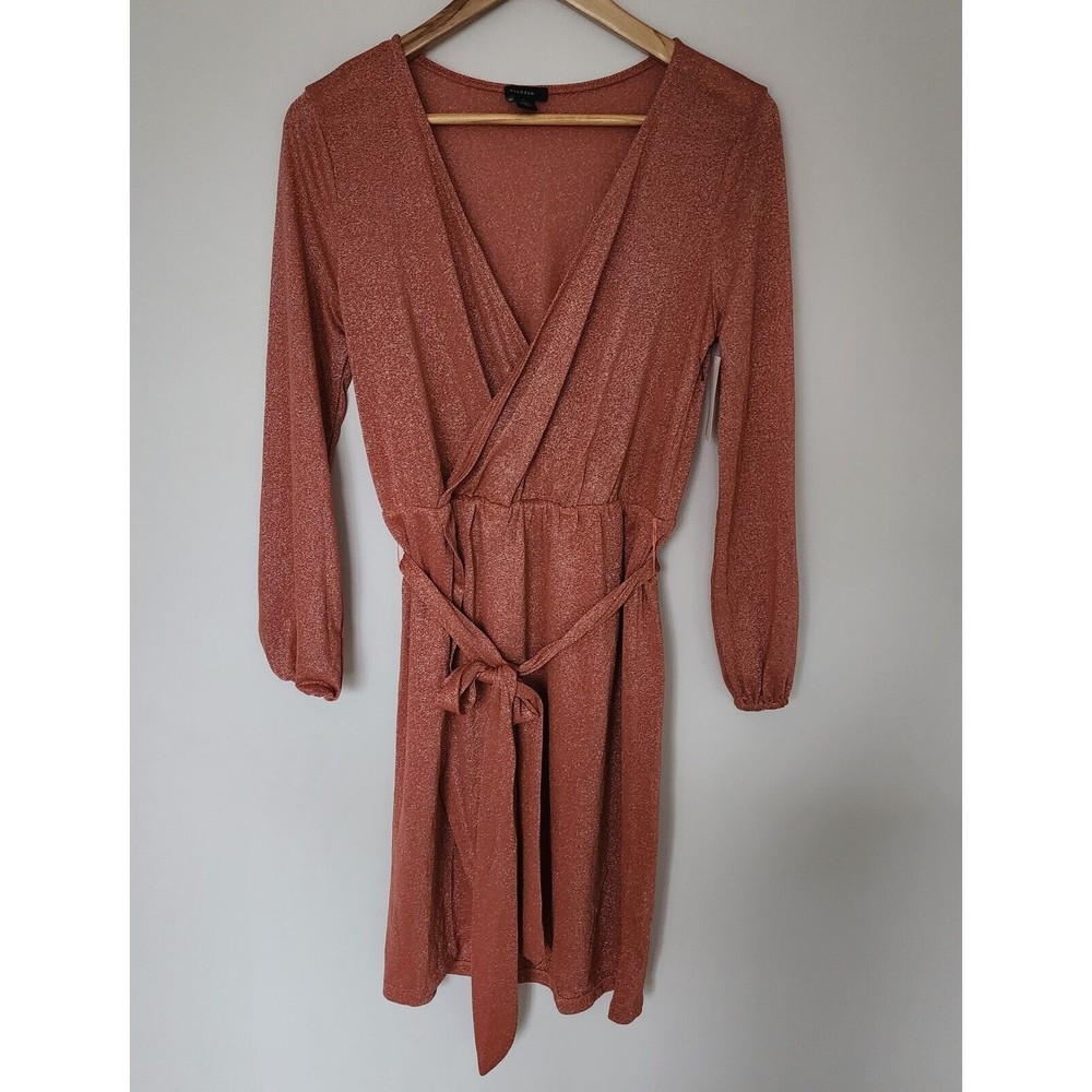 Halogen Women's Sparkle Long Sleeve Faux Wrap Dress Rust Marsala SZ S